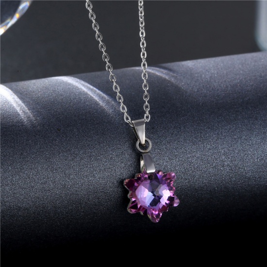 Picture of 304 Stainless Steel & Glass Necklace Silver Tone Purple Flower 45cm(17 6/8") long, 1 Piece