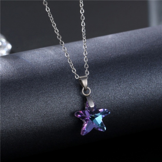 Picture of 304 Stainless Steel & Glass Necklace Silver Tone Purple Pentagram Star 45cm(17 6/8") long, 1 Piece