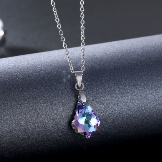 Picture of 304 Stainless Steel & Glass Necklace Silver Tone Purple Geometric 45cm(17 6/8") long, 1 Piece