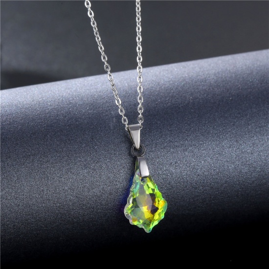 Picture of 304 Stainless Steel & Glass Necklace Silver Tone AB Color Geometric 45cm(17 6/8") long, 1 Piece