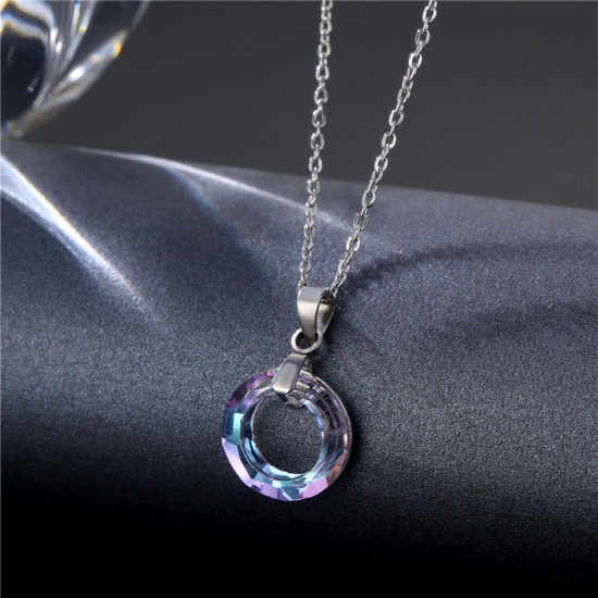 Picture of 304 Stainless Steel & Glass Necklace Silver Tone Purple Circle Ring 45cm(17 6/8") long, 1 Piece