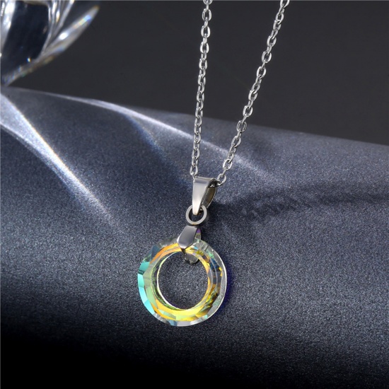 Picture of 304 Stainless Steel & Glass Necklace Silver Tone AB Color Circle Ring 45cm(17 6/8") long, 1 Piece