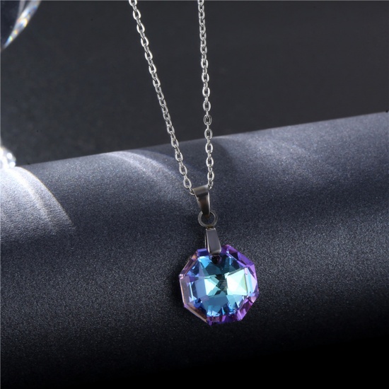 Picture of 304 Stainless Steel & Glass Necklace Silver Tone Purple Round 45cm(17 6/8") long, 1 Piece