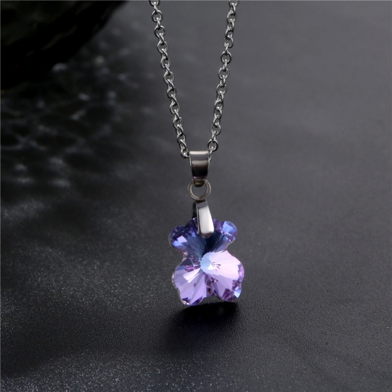Picture of 304 Stainless Steel & Glass Necklace Silver Tone Purple Irregular 45cm(17 6/8") long, 1 Piece