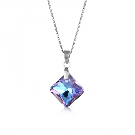 Picture of 304 Stainless Steel & Glass Necklace Silver Tone Purple Rhombus 45cm(17 6/8") long, 1 Piece