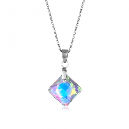 Picture of 304 Stainless Steel & Glass Necklace Silver Tone AB Color Rhombus 45cm(17 6/8") long, 1 Piece