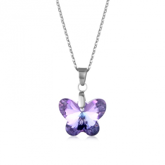 Picture of 304 Stainless Steel & Glass Insect Necklace Silver Tone Purple Butterfly Animal 45cm(17 6/8") long, 1 Piece