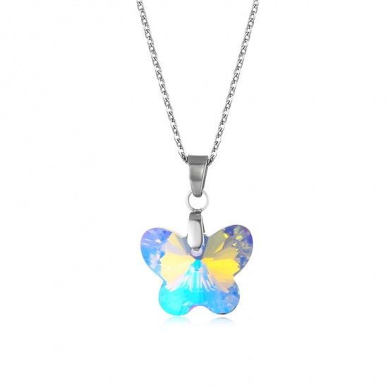 Picture of 304 Stainless Steel & Glass Insect Necklace Silver Tone AB Color Butterfly Animal 45cm(17 6/8") long, 1 Piece