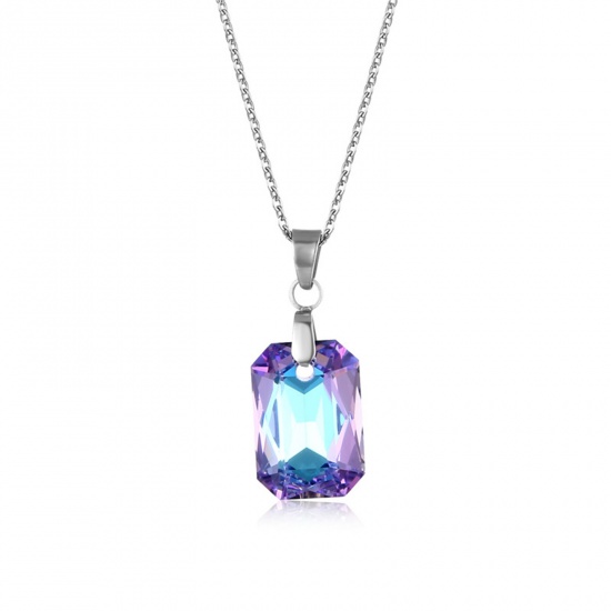 Picture of 304 Stainless Steel & Glass Necklace Silver Tone Purple Rectangle 45cm(17 6/8") long, 1 Piece