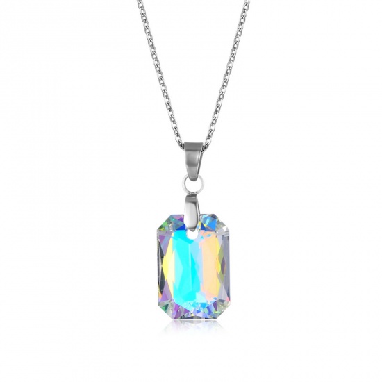 Picture of 304 Stainless Steel & Glass Necklace Silver Tone AB Color Rectangle 45cm(17 6/8") long, 1 Piece