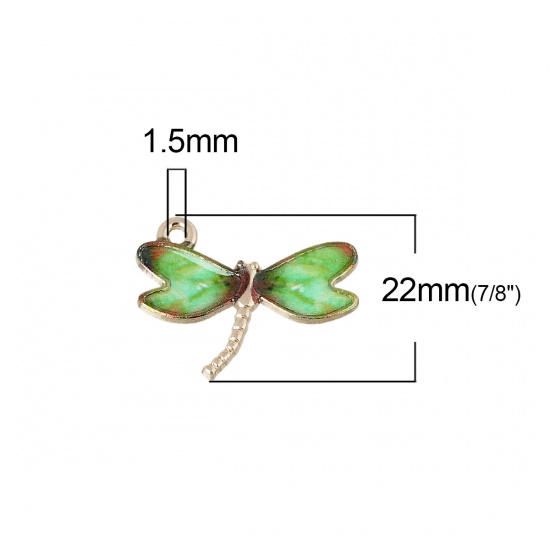 Picture of Zinc Metal Alloy Charms Dragonfly Animal Light Golden Green Enamel 22mm( 7/8") x 17mm( 5/8"), 10 PCs