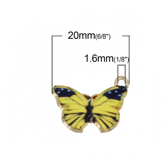 Picture of Zinc Metal Alloy Charms Butterfly Animal Light Golden Yellow & Black Enamel 20mm( 6/8") x 15mm( 5/8"), 10 PCs