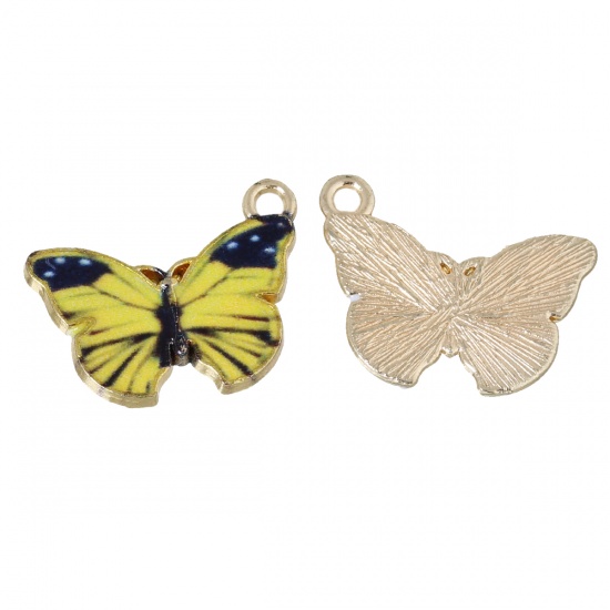 Picture of Zinc Metal Alloy Charms Butterfly Animal Light Golden Yellow & Black Enamel 20mm( 6/8") x 15mm( 5/8"), 10 PCs