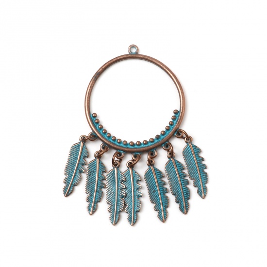Picture of Zinc Based Alloy Patina Pendants Circle Ring Antique Copper Feather 66mm x 36mm, 5 PCs