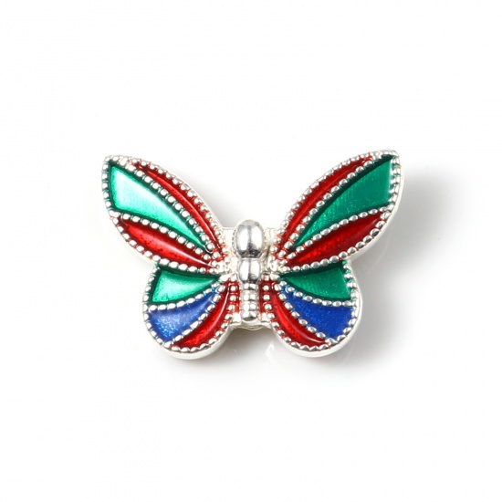 Picture of Zinc Based Alloy Insect Spacer Beads Butterfly Animal Silver Plated Multicolor Enamel About 20mm x 14mm, 10 PCs