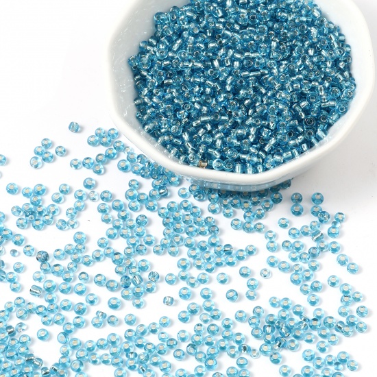 Picture of Glass Seed Beads Cylinder Light Blue Silver Lined 3mm x 2mm, Hole: Approx 1mm, 1 Packet ( 18000 PCs/Packet)