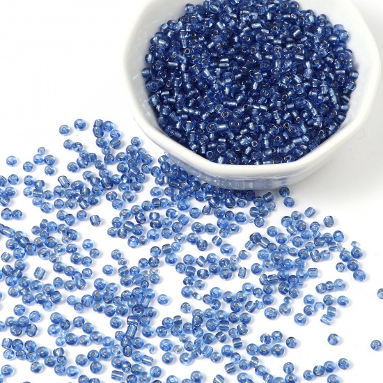 Picture of Glass Seed Beads Cylinder Blue Silver Lined 3mm x 2mm, Hole: Approx 1mm, 1 Packet ( 18000 PCs/Packet)