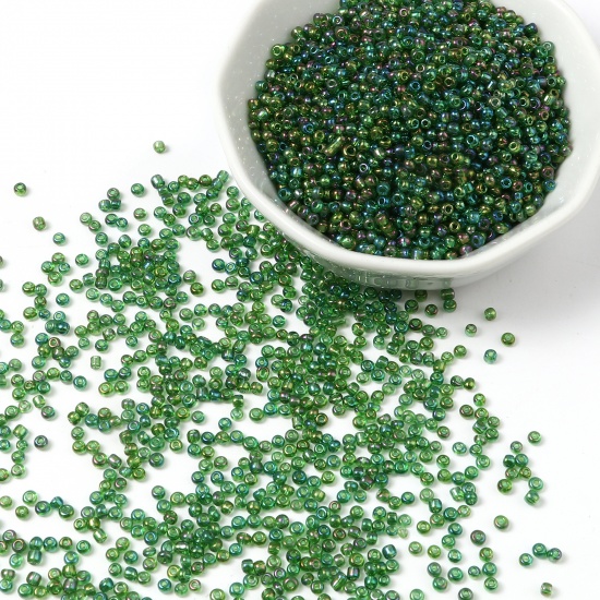 Picture of Glass Seed Beads Round Green AB Rainbow Color About 2mm Dia., Hole: Approx 0.7mm, 1 Packet ( 44000 PCs/Packet)