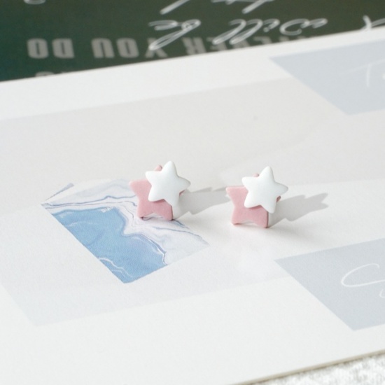 Picture of Stainless Steel & Ceramic Ear Post Stud Earrings White & Pink Pentagram Star 8mm, 1 Pair