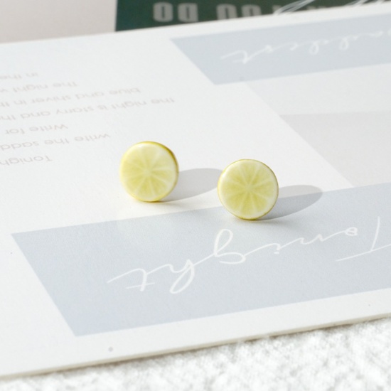 Picture of Stainless Steel & Ceramic Ear Post Stud Earrings Pale Yellow Lemon 8mm, 1 Pair