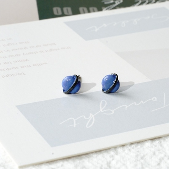 Picture of Stainless Steel & Ceramic Ear Post Stud Earrings Blue Universe Planet 8mm, 1 Pair