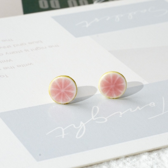 Picture of Stainless Steel & Ceramic Ear Post Stud Earrings Pink Grapefruit 8mm, 1 Pair