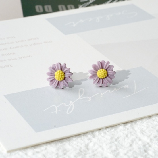 Picture of Stainless Steel & Ceramic Ear Post Stud Earrings Yellow & Purple Chrysanthemum Flower 8mm, 1 Pair