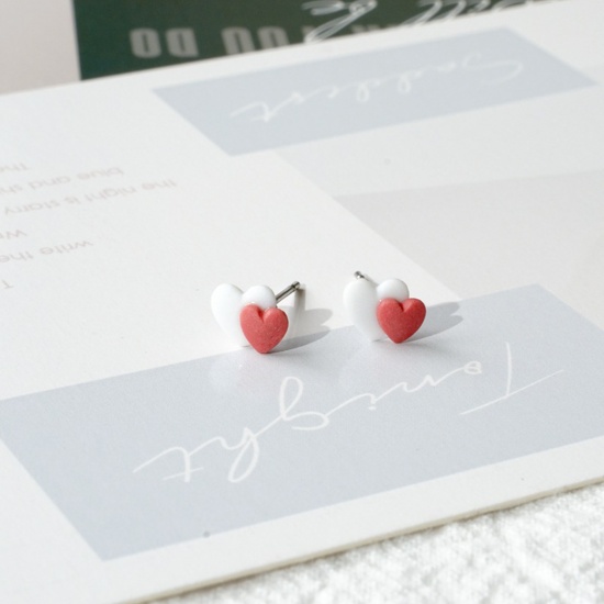 Picture of Stainless Steel & Ceramic Ear Post Stud Earrings White & Red Heart 8mm, 1 Pair