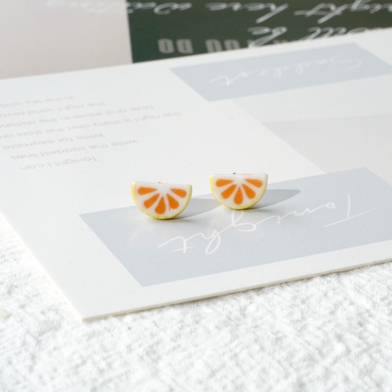 Picture of Stainless Steel & Ceramic Ear Post Stud Earrings Orange Grapefruit 8mm, 1 Pair