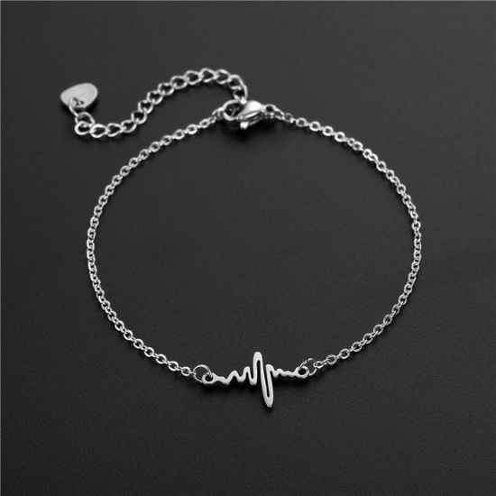Picture of Titanium Steel Medical Link Cable Chain Bracelets Silver Tone Heartbeat/ Electrocardiogram 16cm(6 2/8") long, 1 Piece