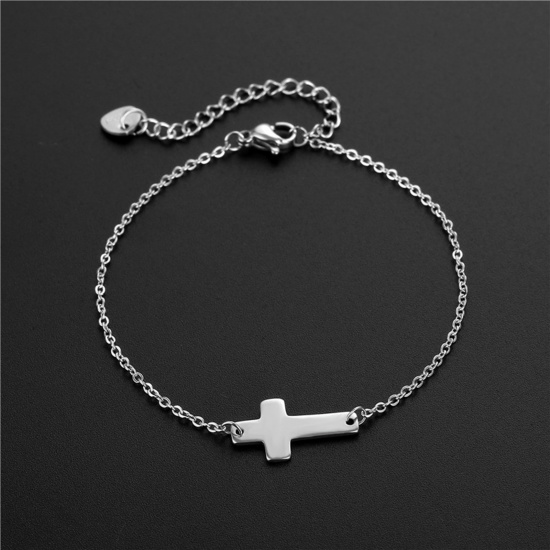 Picture of Titanium Steel Religious Link Cable Chain Bracelets Silver Tone Cross 16cm(6 2/8") long, 1 Piece