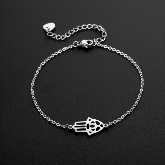 Picture of Titanium Steel Religious Link Cable Chain Bracelets Silver Tone Hamsa Symbol Hand 16cm(6 2/8") long, 1 Piece