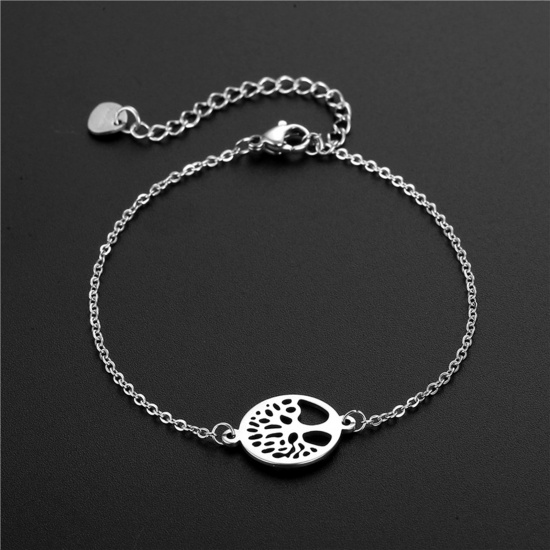Picture of Titanium Steel Link Cable Chain Bracelets Silver Tone Oval Tree 16cm(6 2/8") long, 1 Piece