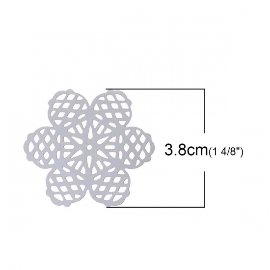 Picture of 304 Stainless Steel Filigree Stamping Embellishments Findings, Flower Silver Tone, Hollow Carved 42mm(1 5/8") x 38mm(1 4/8"), 10 PCs