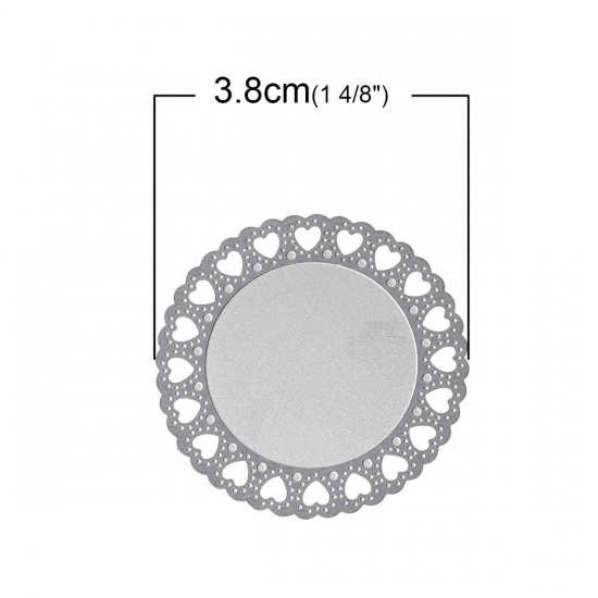 Picture of 304 Stainless Steel Filigree Stamping Embellishments Findings, Round Silver Tone, Hollow Heart Carved 3.8cm(1 4/8") Dia, 10 PCs