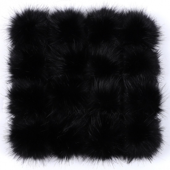 Picture of Artificial Fiber Gummiband Gummiband Pom Pom Balls With Rubber Band Black Ball Faux Fox Fur 8cm Dia., 6 PCs