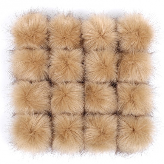 Picture of Artificial Fiber Gummiband Gummiband Pom Pom Balls With Rubber Band Khaki Ball Faux Fox Fur 8cm Dia., 6 PCs