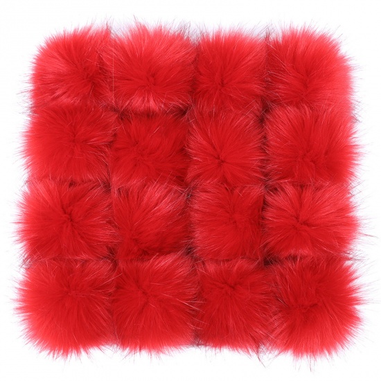 Picture of Artificial Fiber Verdeckter Knopf Gummiband Pom Pom Balls With Snap Button Red Ball Faux Fox Fur 8cm Dia., 6 PCs