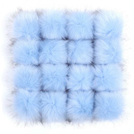 Picture of Artificial Fiber Verdeckter Knopf Pom Pom Balls With Snap Button Skyblue Ball Faux Fox Fur 8cm Dia., 6 PCs