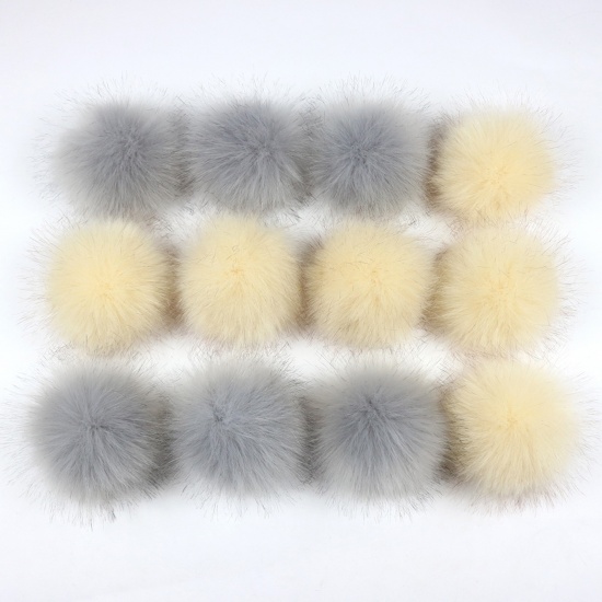 Picture of Artificial Fiber Gummiband Gummiband Pom Pom Balls With Rubber Band Yellow & Gray Ball Faux Fox Fur 10cm Dia., 1 Packet ( 12PCs/Packet)