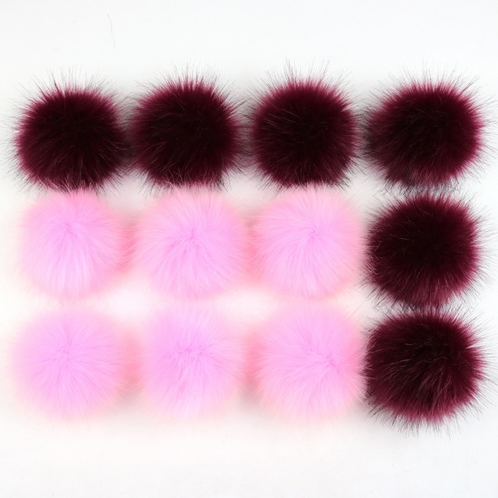 Picture of Artificial Fiber Gummiband Gummiband Pom Pom Balls With Rubber Band Light Pink & Wine Red Ball Faux Fox Fur 10cm Dia., 1 Packet ( 12PCs/Packet)