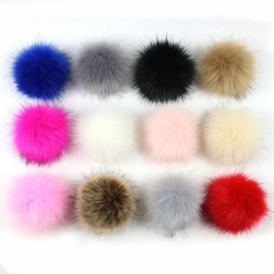 Picture of Artificial Fiber Gummiband Gummiband Pom Pom Balls With Rubber Band Mixed Color Ball Faux Fox Fur 10cm Dia., 1 Packet ( 12PCs/Packet)