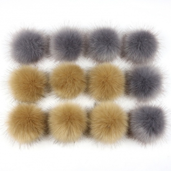 Picture of Artificial Fiber Verdeckter Knopf Pom Pom Balls With Snap Button Gray & Brown Ball Faux Fox Fur 10cm Dia., 1 Packet ( 12PCs/Packet)