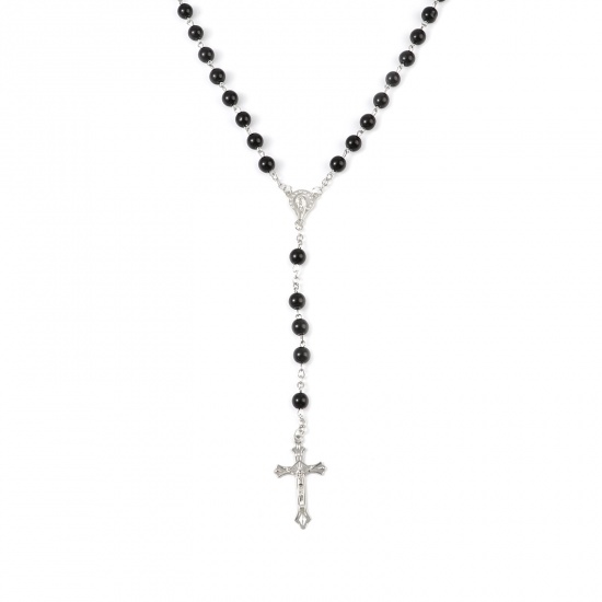 Immagine di 1 Pz Collana con Rosario con Perline di Preghiera Tono Argento Nero Croce 80cmLunghezza