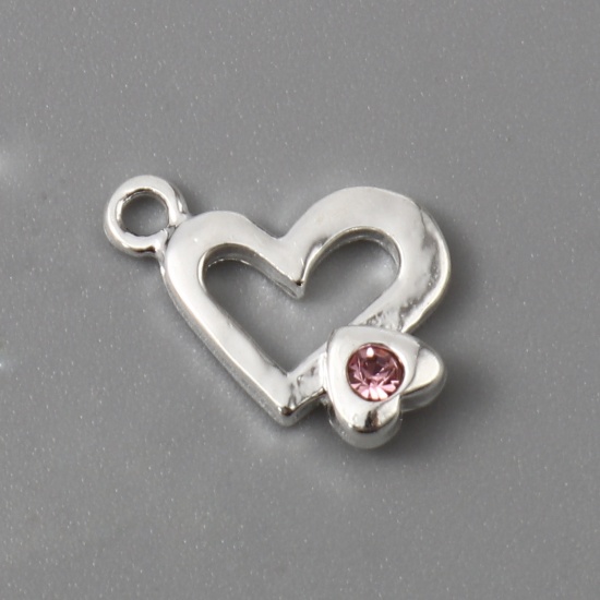 Picture of Zinc Based Alloy Charms Heart Silver Plated Pink Cubic Zirconia 14mm x 11mm, 10 PCs