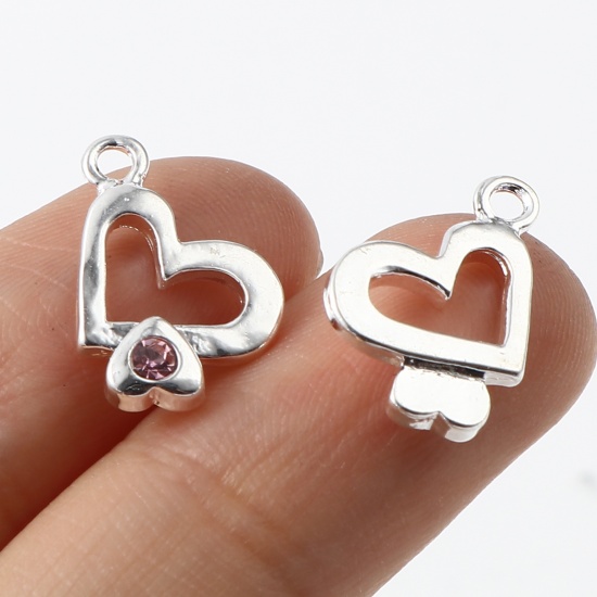 Picture of Zinc Based Alloy Charms Heart Silver Plated Pink Cubic Zirconia 14mm x 11mm, 10 PCs