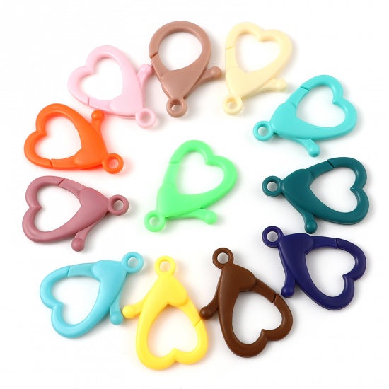 Picture of Plastic Lobster Clasp Findings Heart At Random Color 34mm x 22mm, 30 PCs
