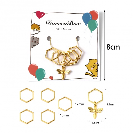 Picture of (doreenbox)Zinc Based Alloy Knitting Stitch Markers Hexagon Gold Plated Bee 34mm x 15mm, 1 Set ( 6 PCs/Set)
