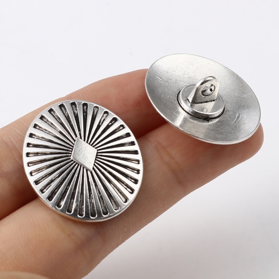 Picture of Zinc Based Alloy Metal Sewing Buttons Oval Antique Silver Color Carved Pattern Carved 25mm x 22mm, 30 PCs