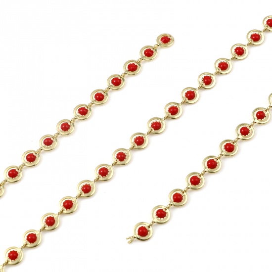 Picture of Brass Chain Findings Enamel Round Gold Plated Red 9x6mm, 1 M                                                                                                                                                                                                  